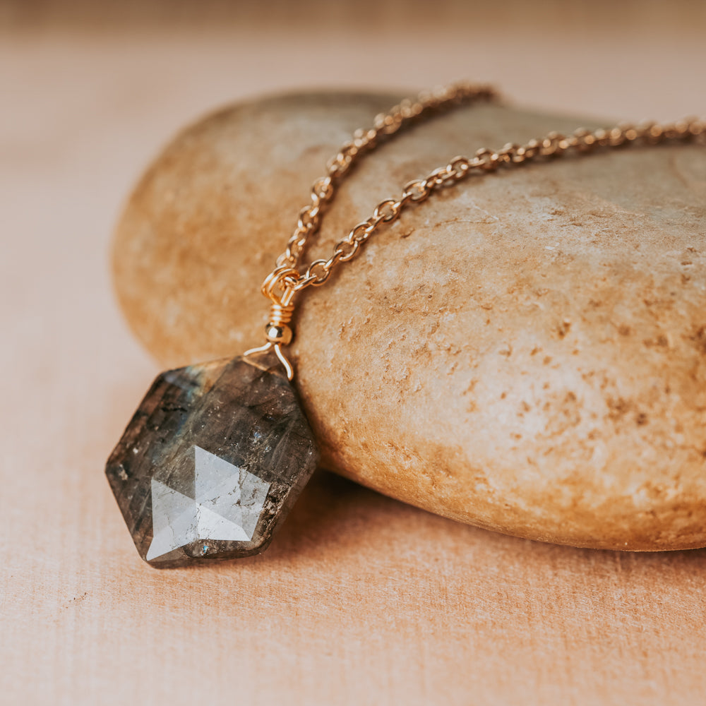 Treehut handmade blue and green necklace with hexagon labradorite stone