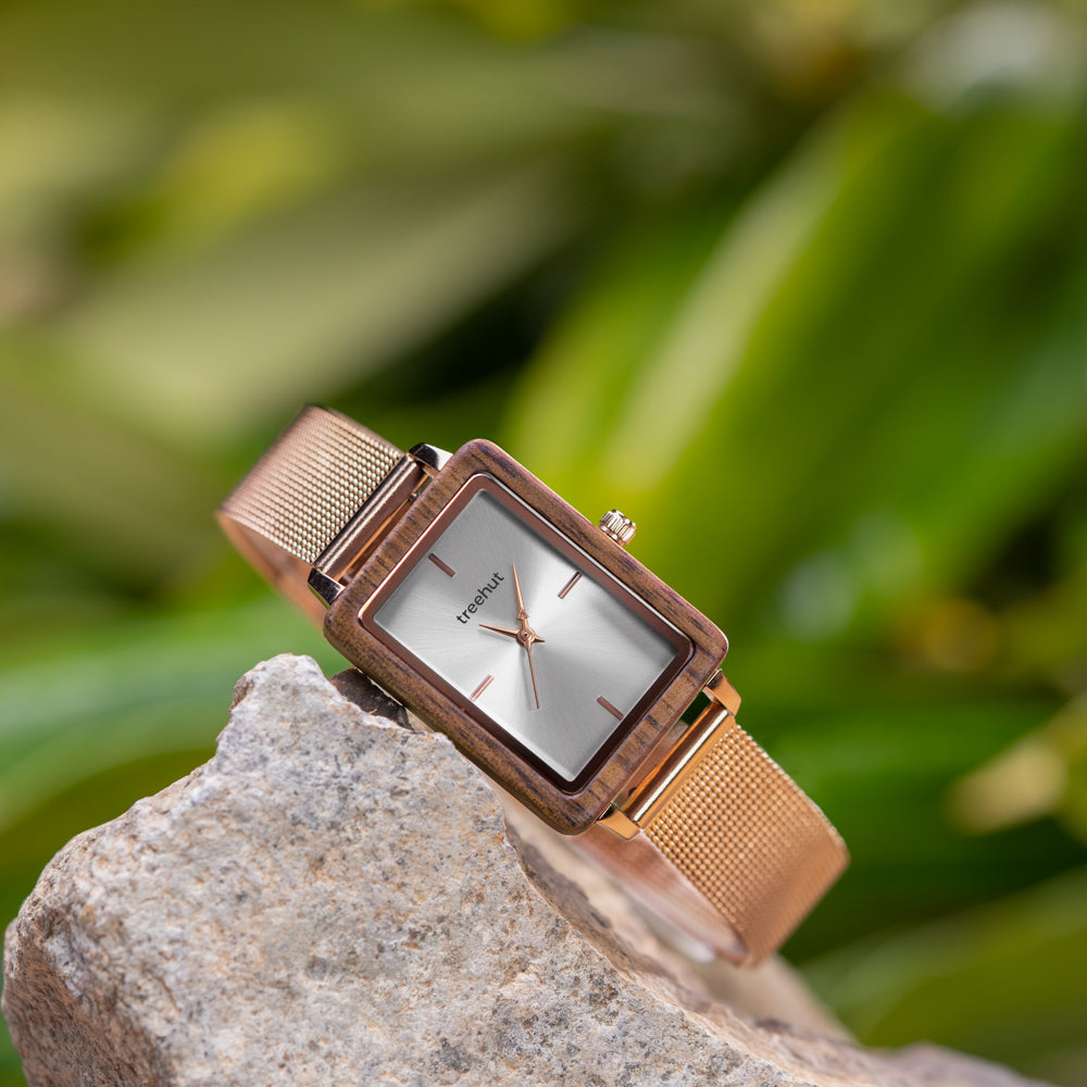 Lola Walnut Rose Gold Mesh Women's Stainless Steel Wooden Watch