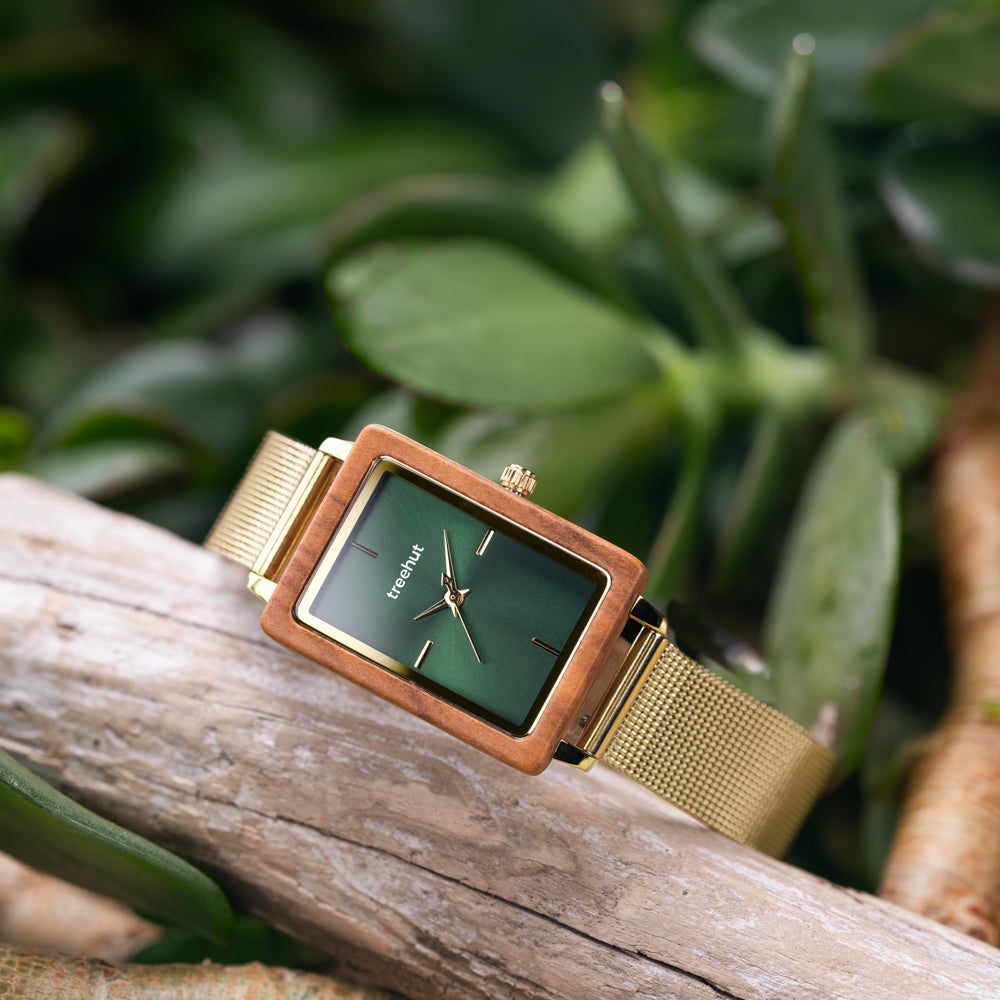 Lola Olive Gold Mesh Green Women's Stainless Steel Wooden Watch