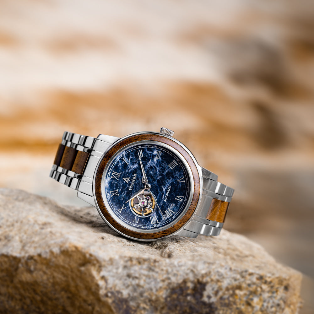 Blue brown and silver wood and marble automatic watch for him