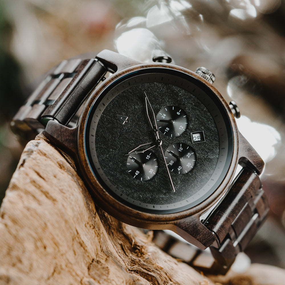 Black dial and walnut wood watch for men