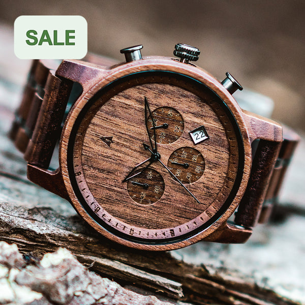 TREEHUT Wood Watches | Function | Chocolate Japanese Walnut Mens Quartz | | Chronograph Watch | Treehut Brown | Walnut | North Movement Boyd