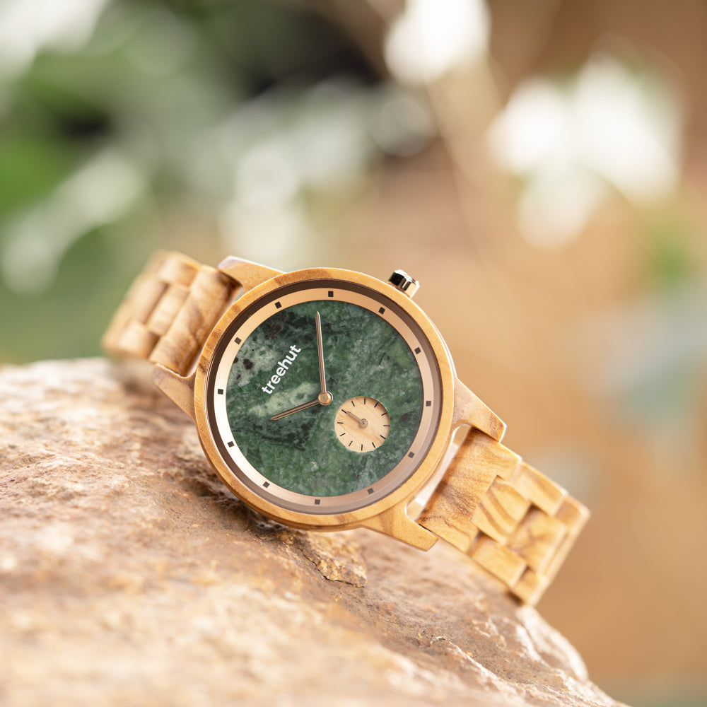 Paradise Olive Green Marble Women's Wooden Watch