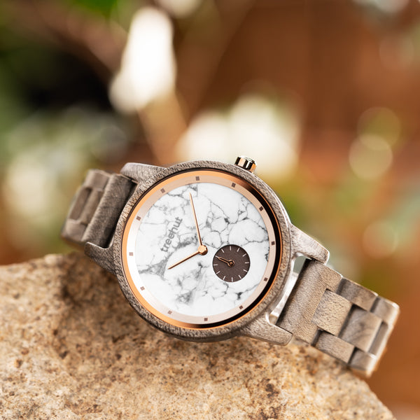 TREEHUT engraved wood watch, Blue Grey, Mens Watch, Marble Grey Maple, Tao Blue Marble Grey Maple, Japanese Quartz Movement