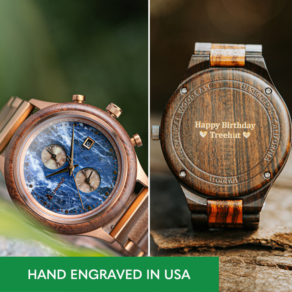 Rise Bronze Blue Marble Men's Stainless Steel Wooden Watch