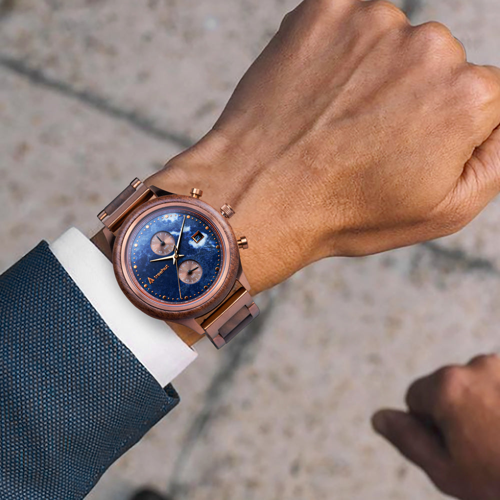 Rise Bronze Blue Marble Men's Stainless Steel Wooden Watch