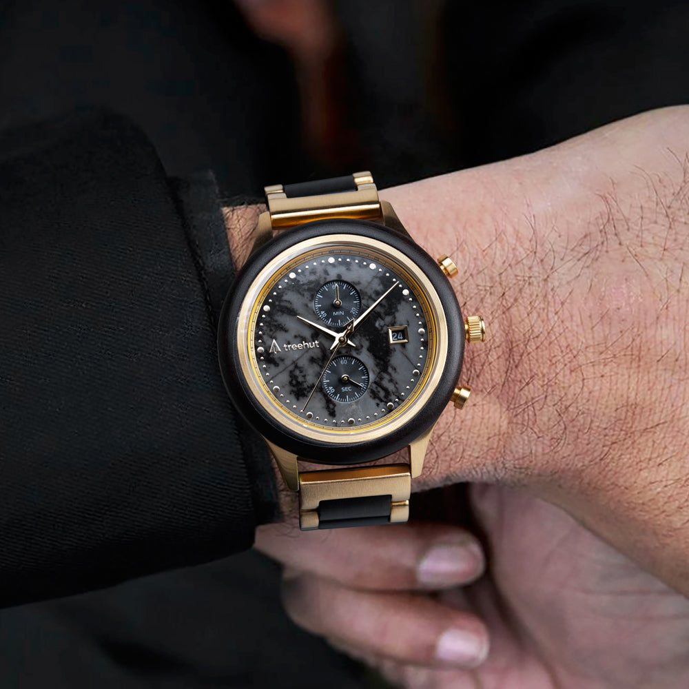 Rise Ebony Marble Gold Men's Stainless Steel Wooden Watch