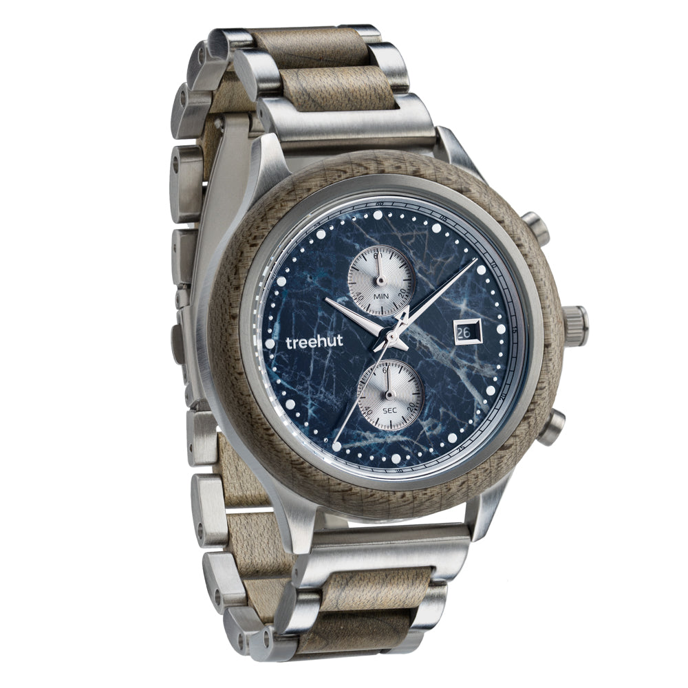 Rise Grey Maple Blue Marble Men's Stainless Steel Wooden Watch