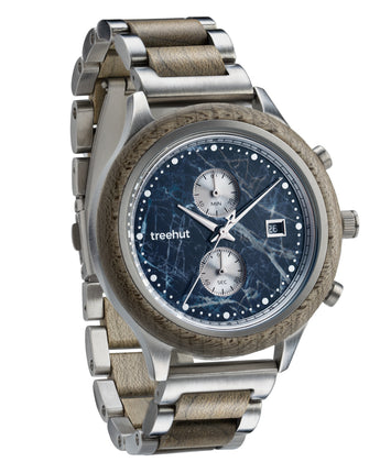 Rise Grey Maple Blue Marble Men's Stainless Steel Wooden Watch
