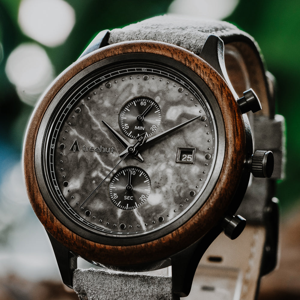 Rise Grey Marble Vegan Men's Stainless Steel Wooden Watch