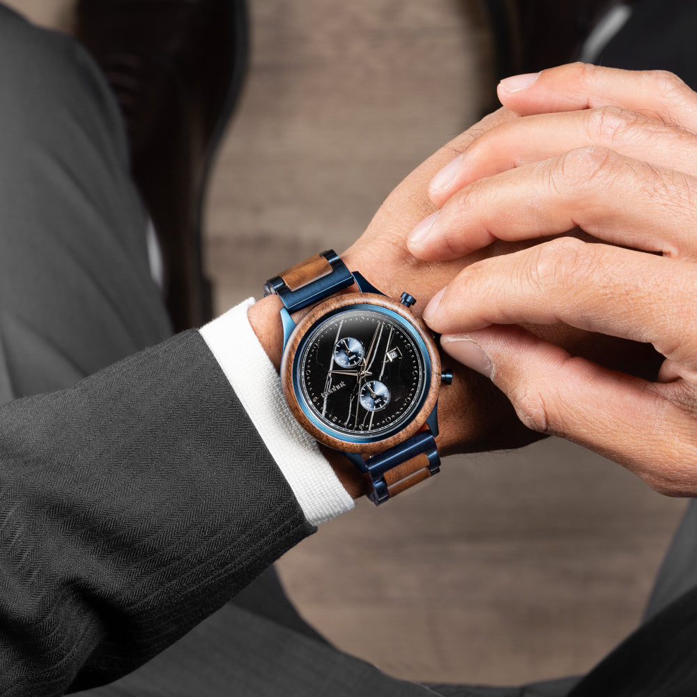 Rise Walnut Black Marble Blue Men's Stainless Steel Wooden Watch