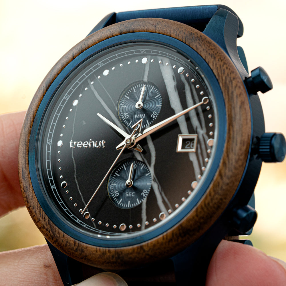 Rise Walnut Black Marble Blue Men's Stainless Steel Wooden Watch