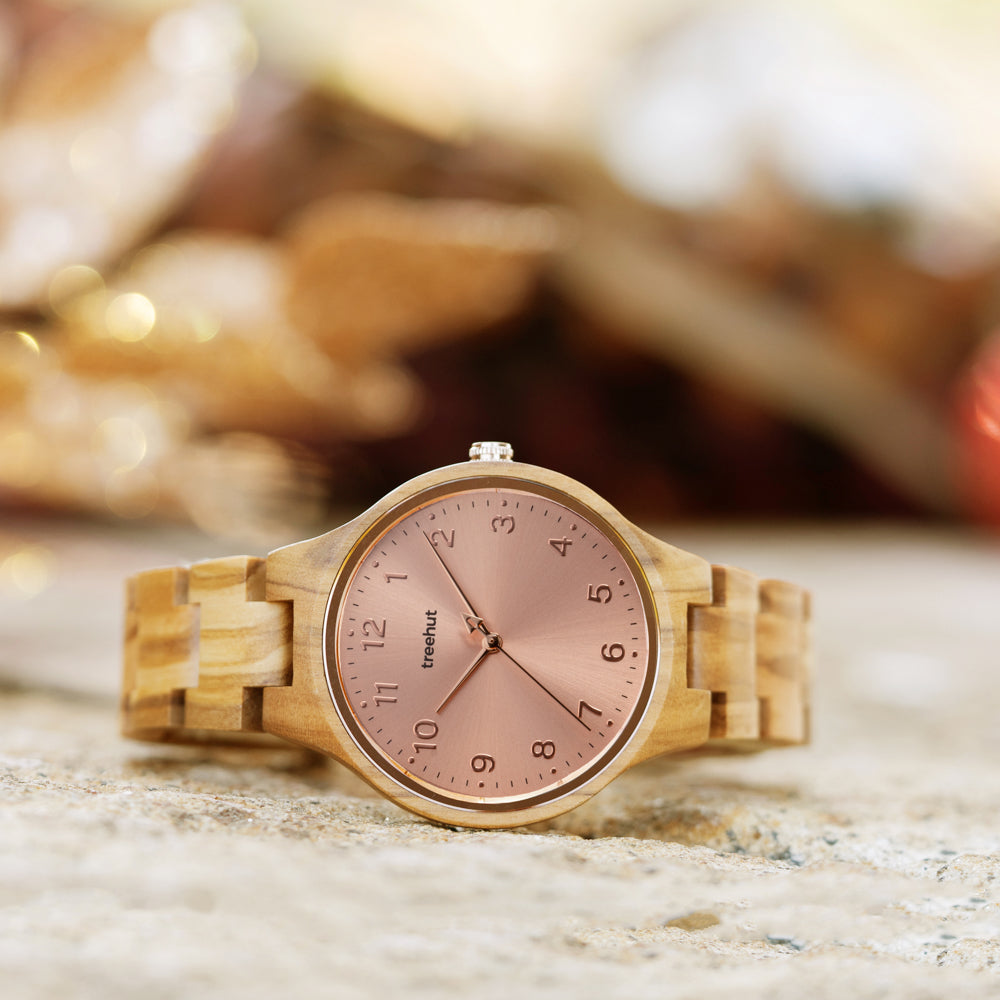 olive wood and rose gold watch for women