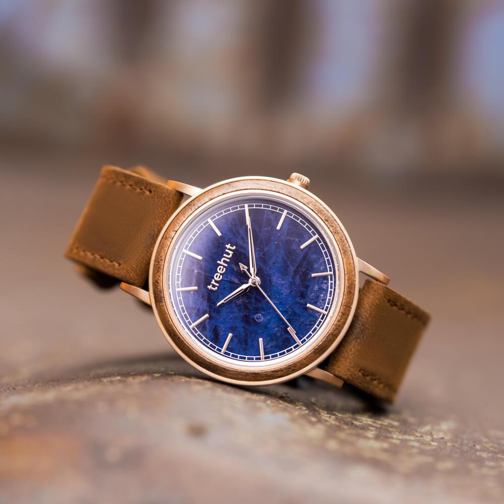 Bay Blue Marble Rose Gold Men's Stainless Steel Wooden Watch