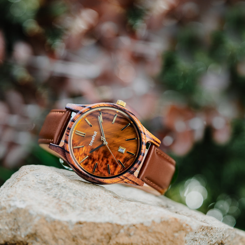 men’s wooden watches with tiger eye stone dial
