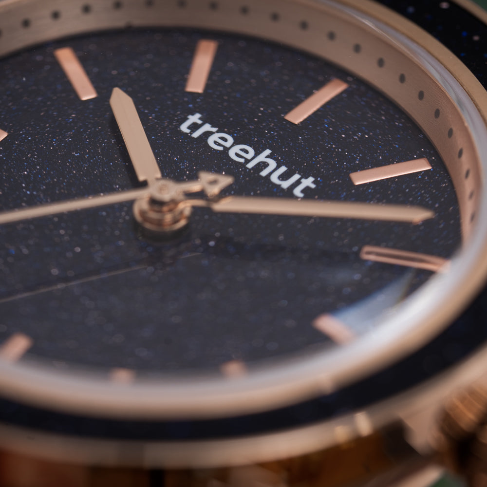 engraved wood watch with blue dial