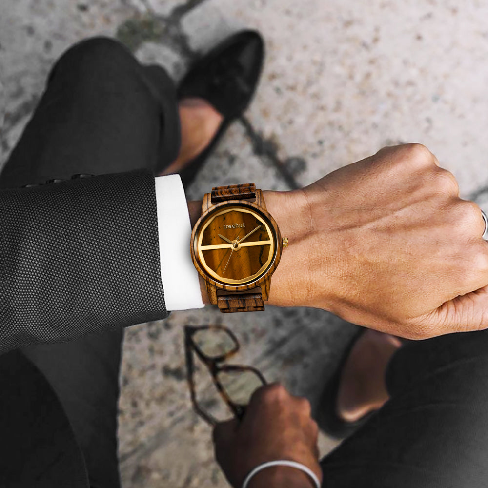 Summit Tiger Eye Zebrawood Men's Marble Wooden Watch