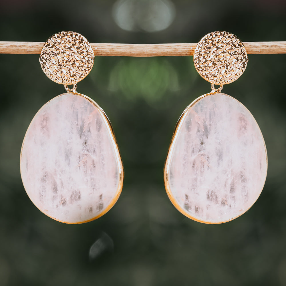 Pink and gold natural rose quartz crystal earrings