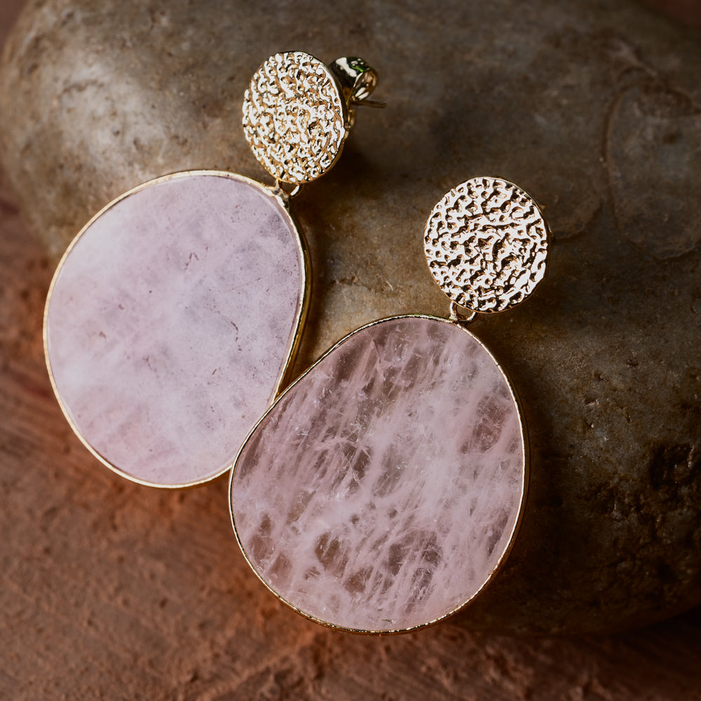 Pink and gold rose quartz stone earrings for her