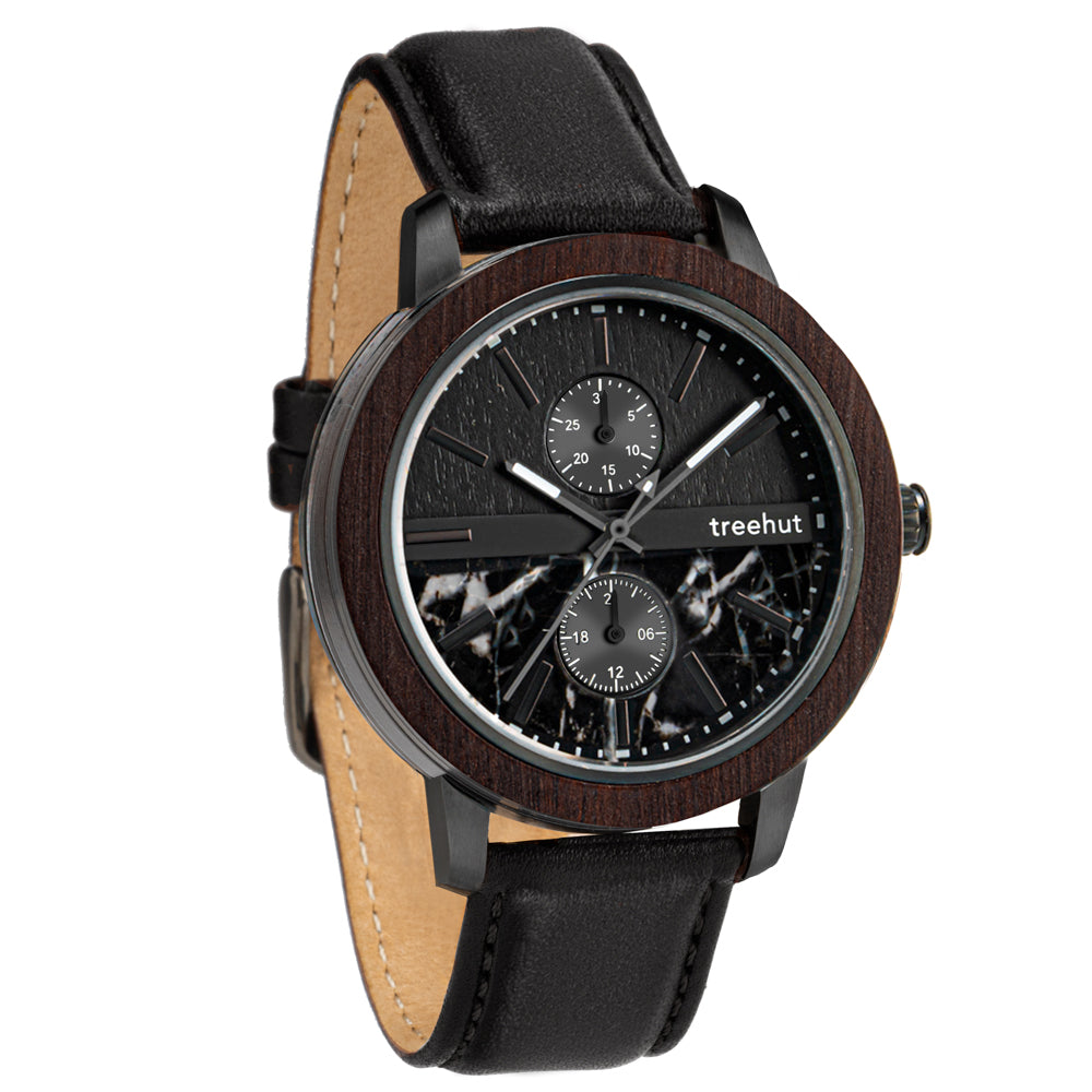 Tao Marble Black Leather Men's Stainless Steel Wooden Watch