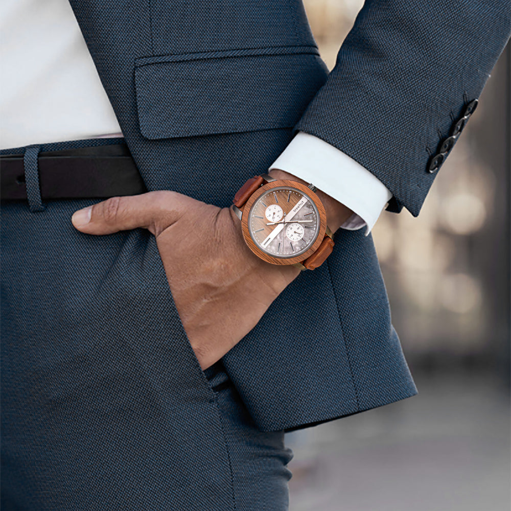 Treehut Tao Marble Cognac Leather Men's Stainless Steel Wooden watch
