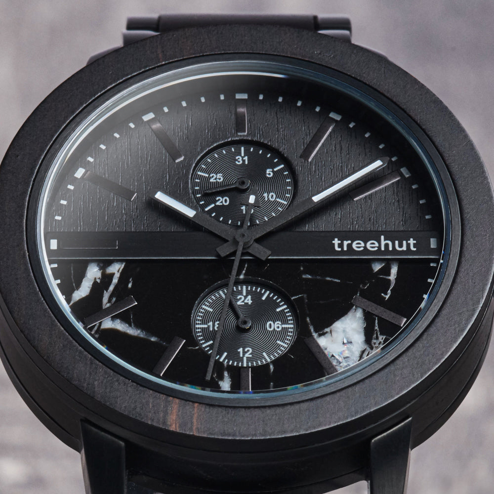 Tao Marble Black Leather Men's Stainless Steel Wooden Watch