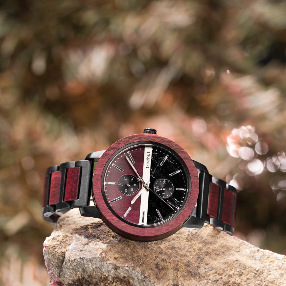 Tao Black Marble Purple Heart Men’s Stainless Steel Wooden Watch