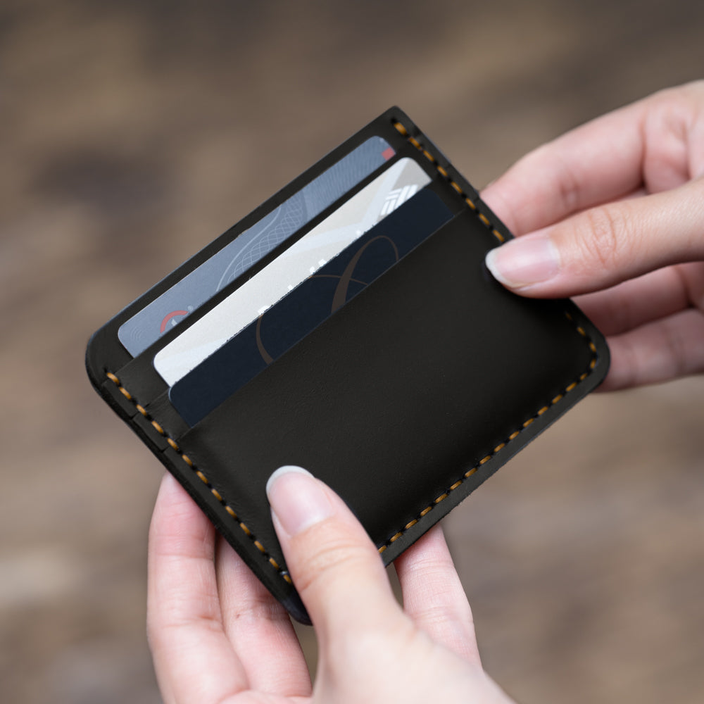 Black Three Card Case Men's Genuine Leather Wallet