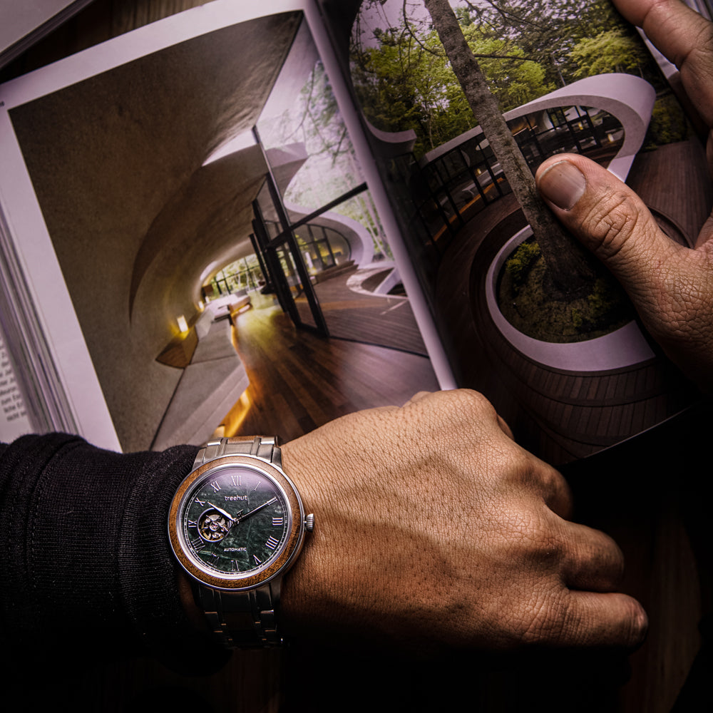 Atlas Grey Marble Black Men's Stainless Steel Wooden Watch