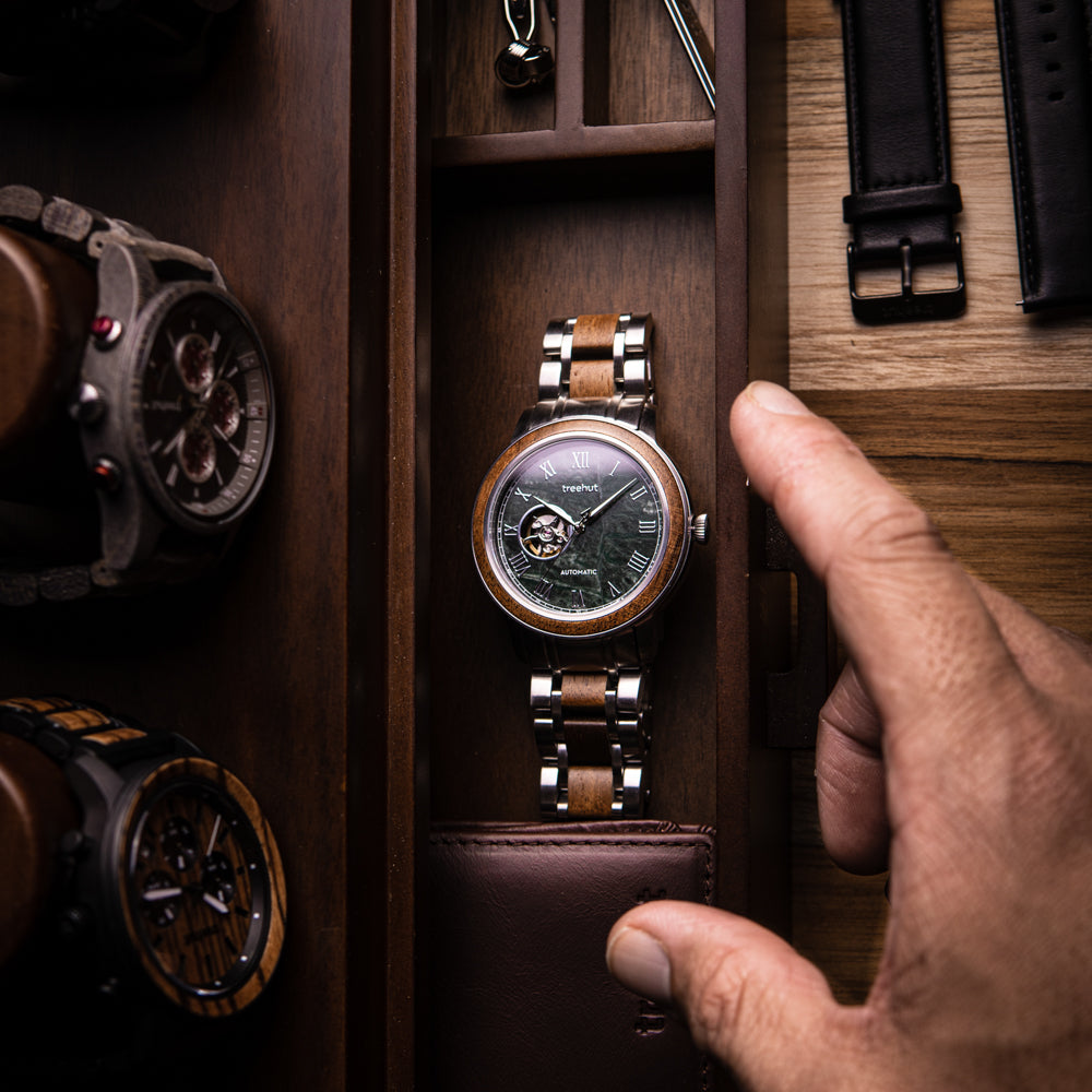 Atlas Grey Marble Black Men's Stainless Steel Wooden Watch