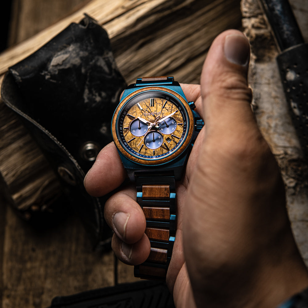 Sandstone dial chronograph blue and brown watch