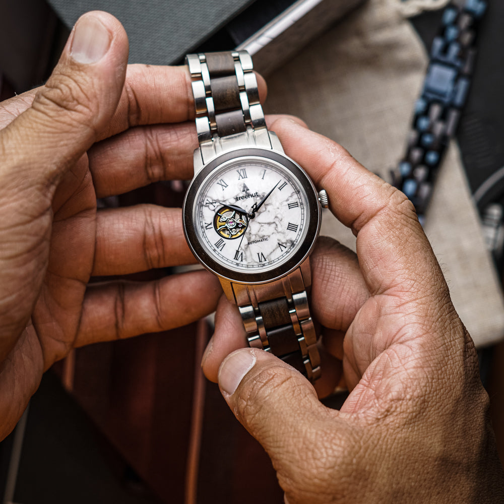 Atlas Ebony White Marble Men's Stainless Steel Wooden Watch