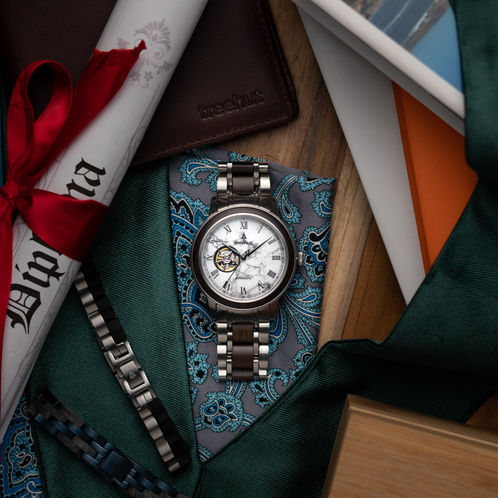 Atlas Ebony White Marble Men's Stainless Steel Wooden Watch