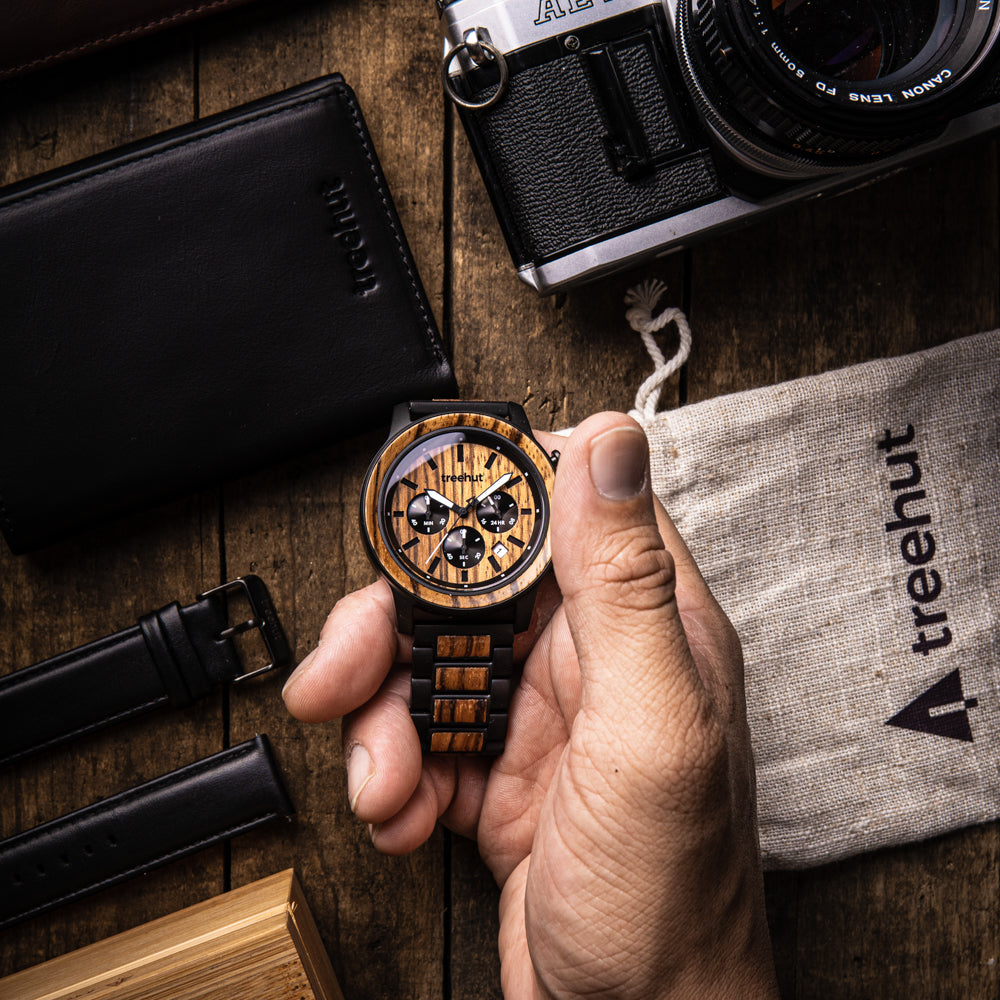 Huxley Zebrawood Black Men's Chrono Stainless Steel Wooden Watch