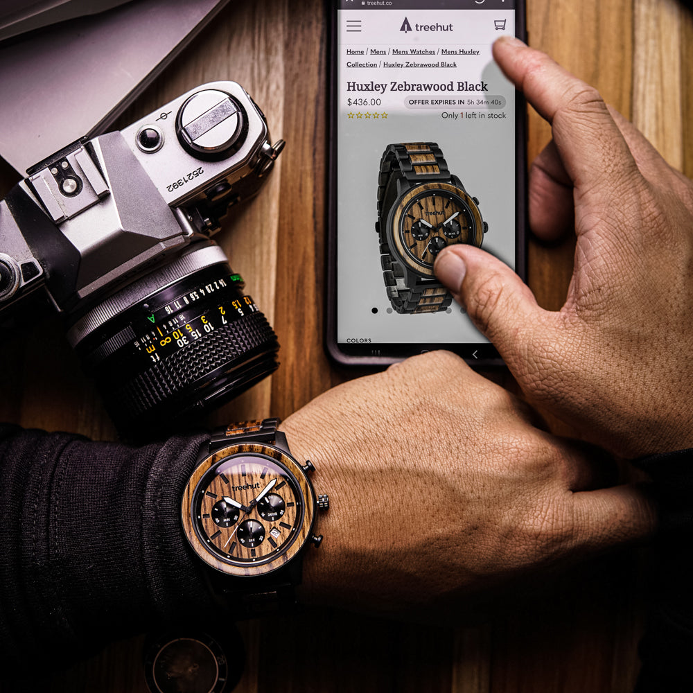 Huxley Zebrawood Black Men's Chrono Stainless Steel Wooden Watch