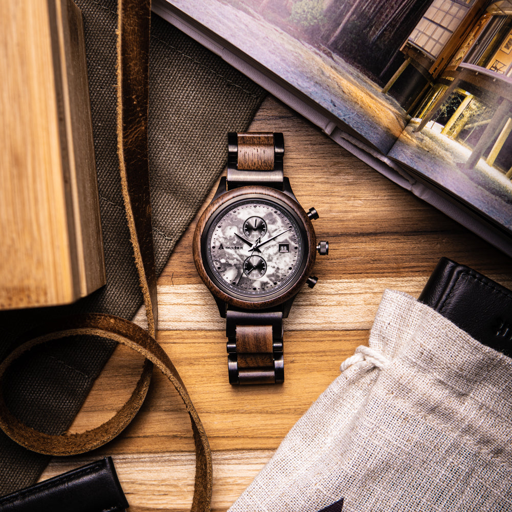Rise Walnut Grey Marble Men's Stainless Steel Wooden Watch