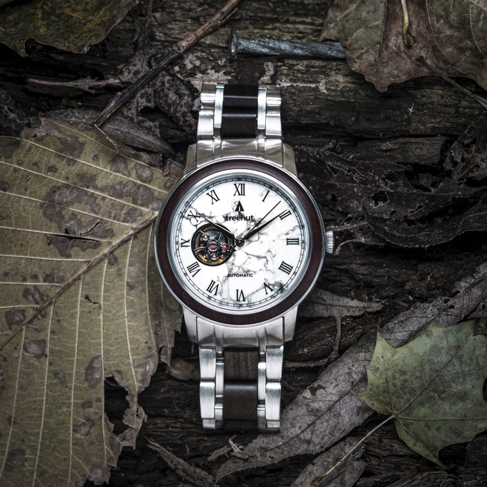 Atlas Ebony White Marble Men's Stainless Steel Wooden Watch