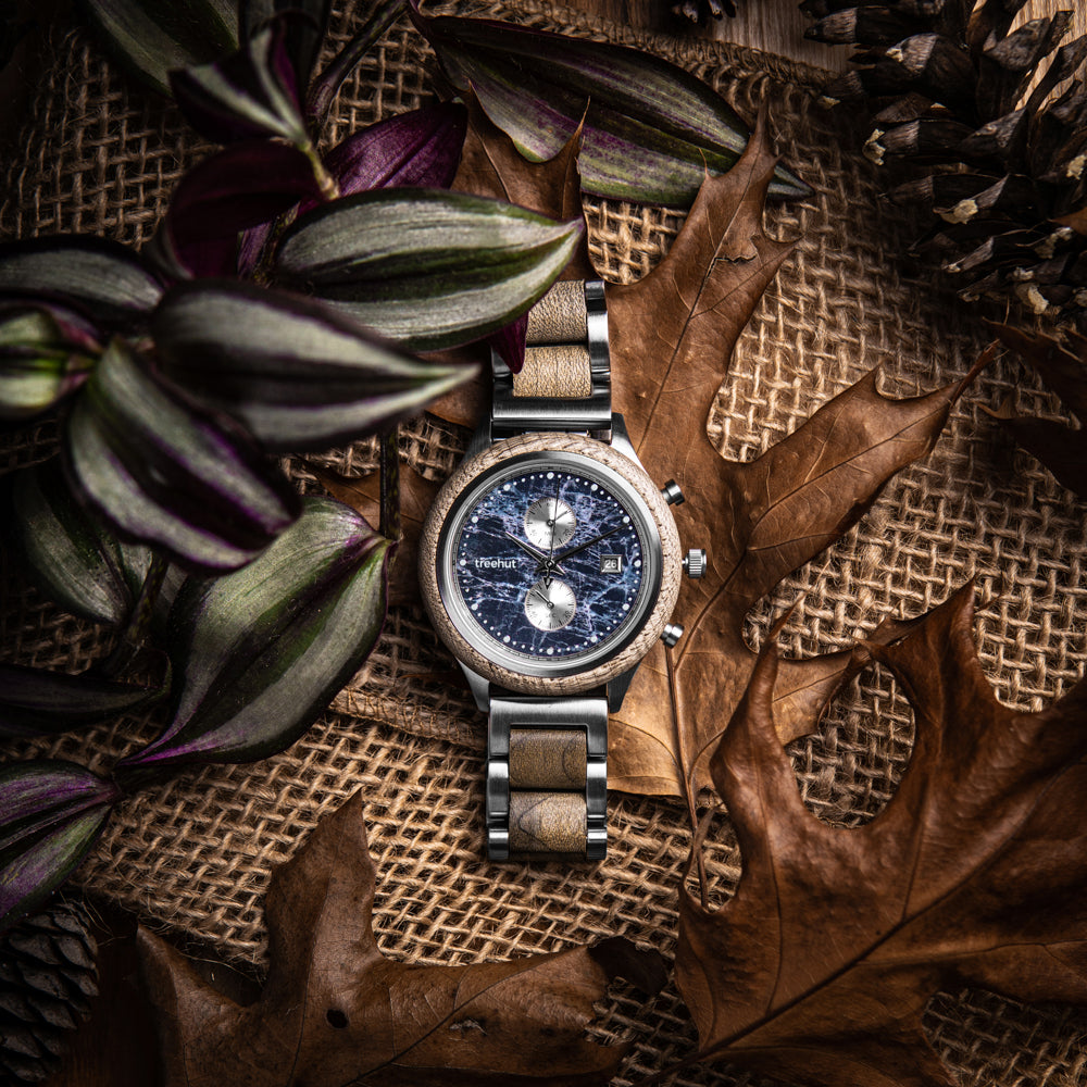Rise Grey Maple Blue Marble Men's Stainless Steel Wooden Watch