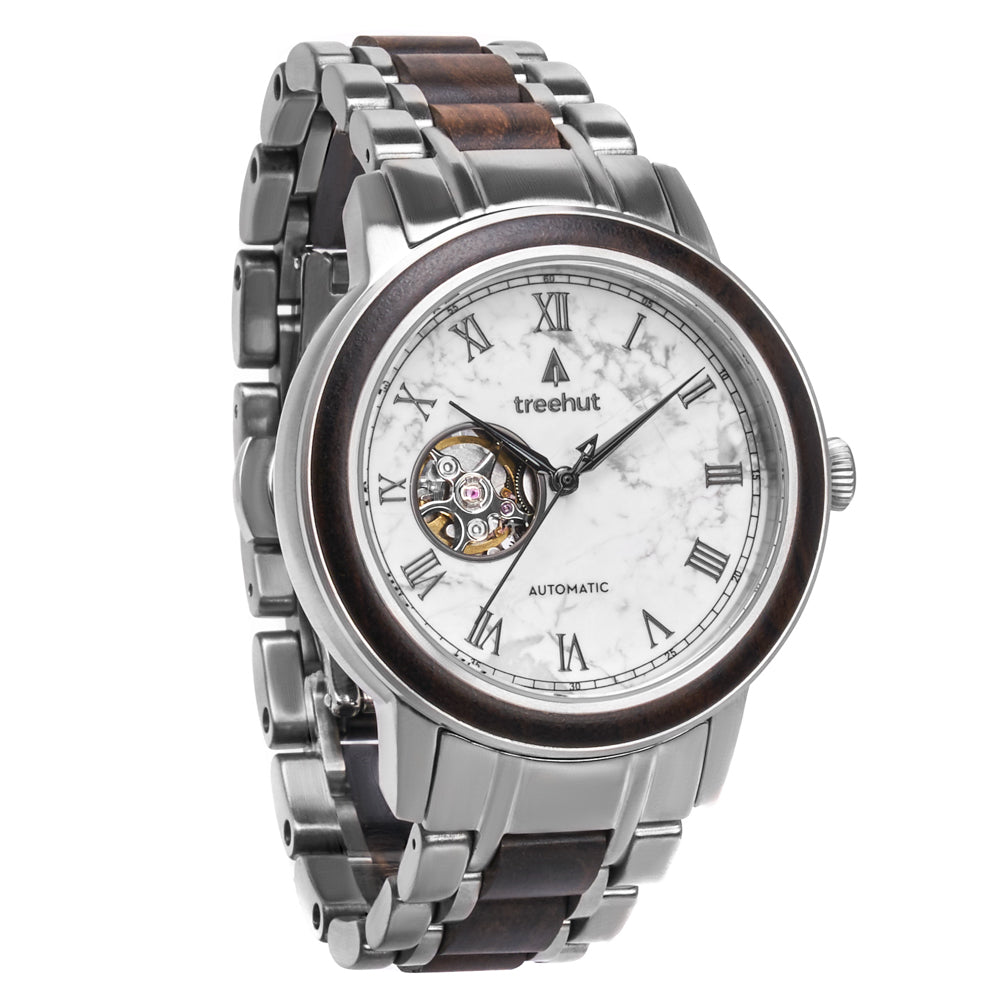 Atlas Ebony White Marble Men's Stainless Steel Wooden  Watch