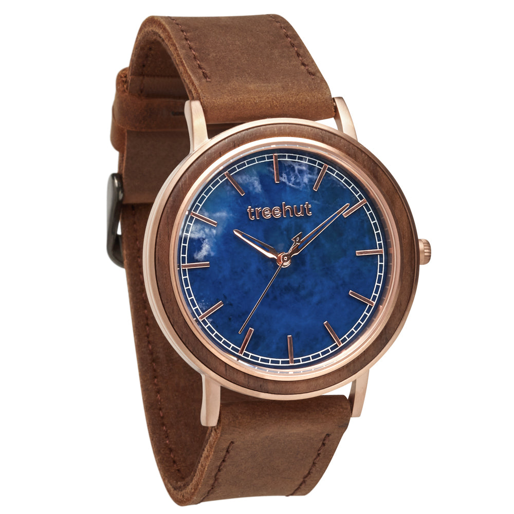 Bay Blue Marble Rose Gold Men's Stainless Steel Wooden Watch