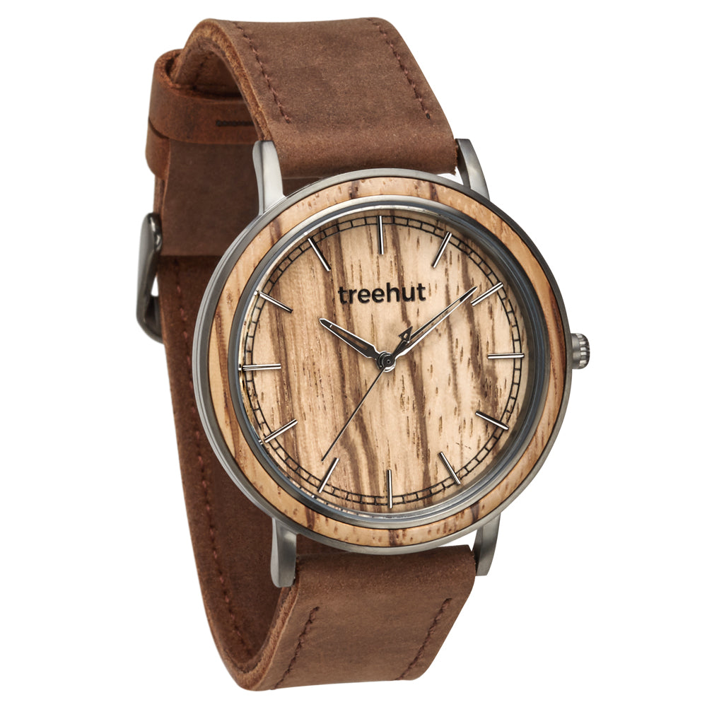 Bay Zebrawood Gunmetal Men's Leather Stainless Steel Wooden Watch
