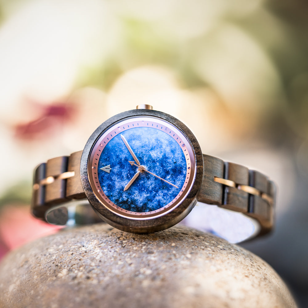 Theory Rose Ebony Blue Marble Women's Wooden Watch