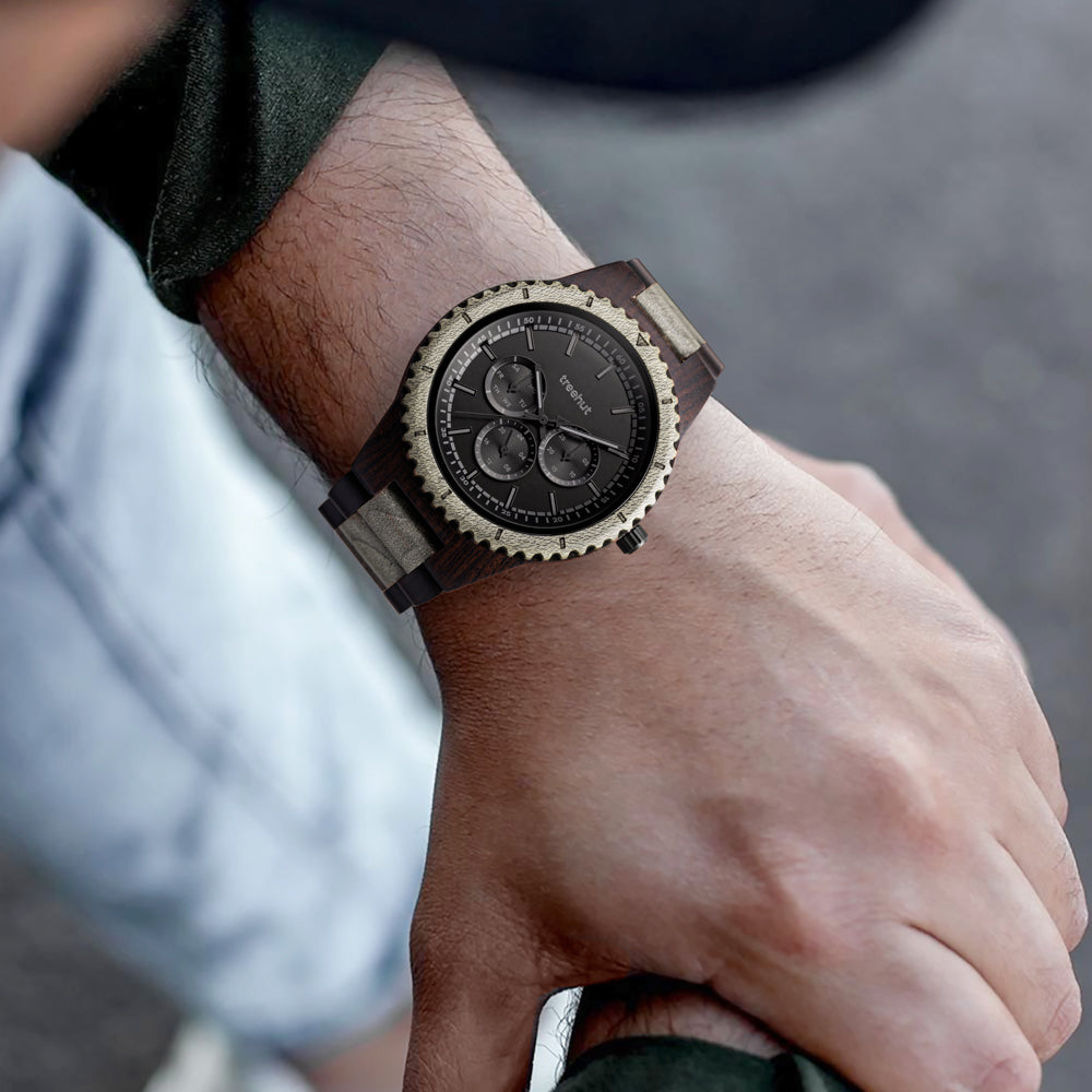 Classic Multifunction Silver Maple Black Men's Wooden Watch