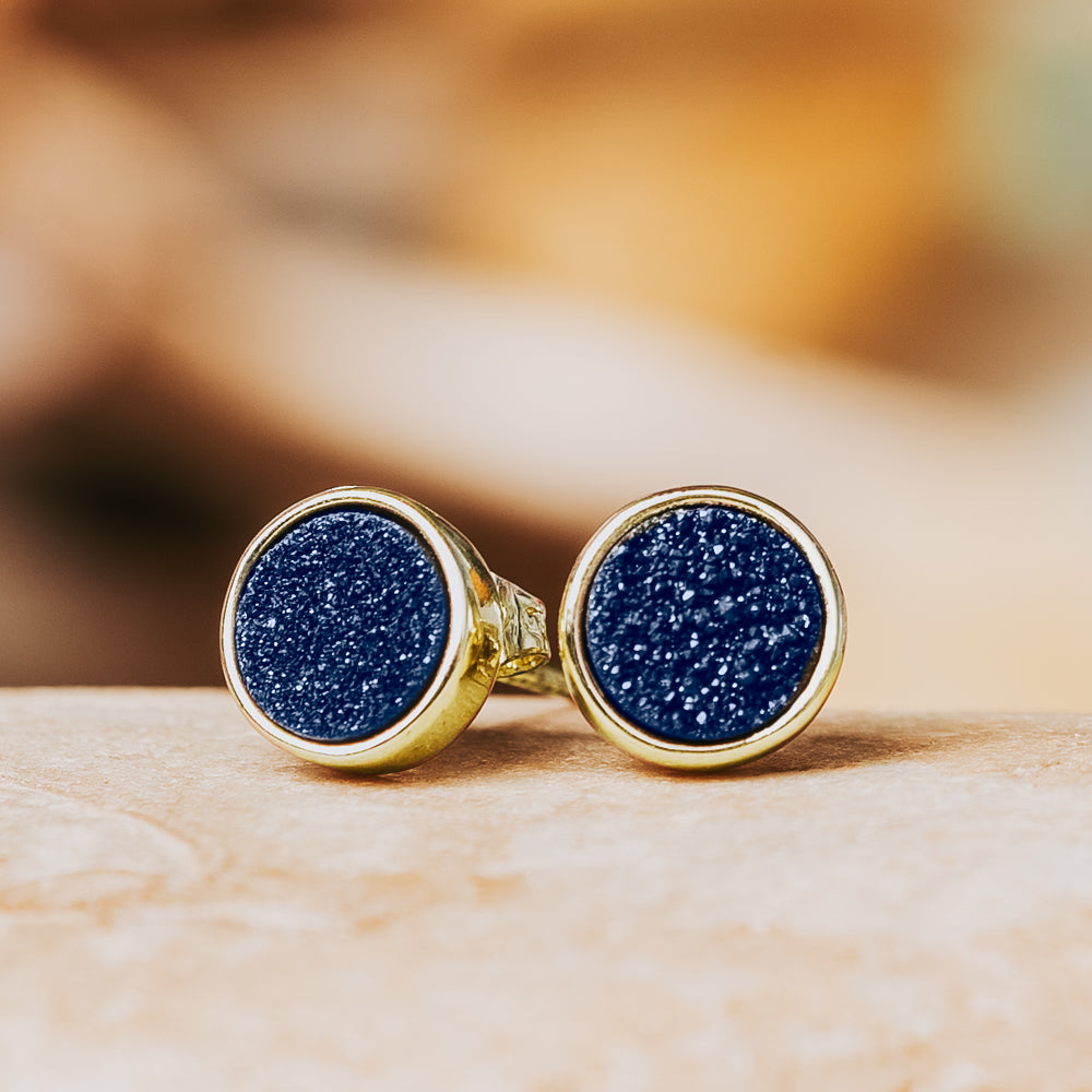 Geo Blue Round Druzy Stud Earrings