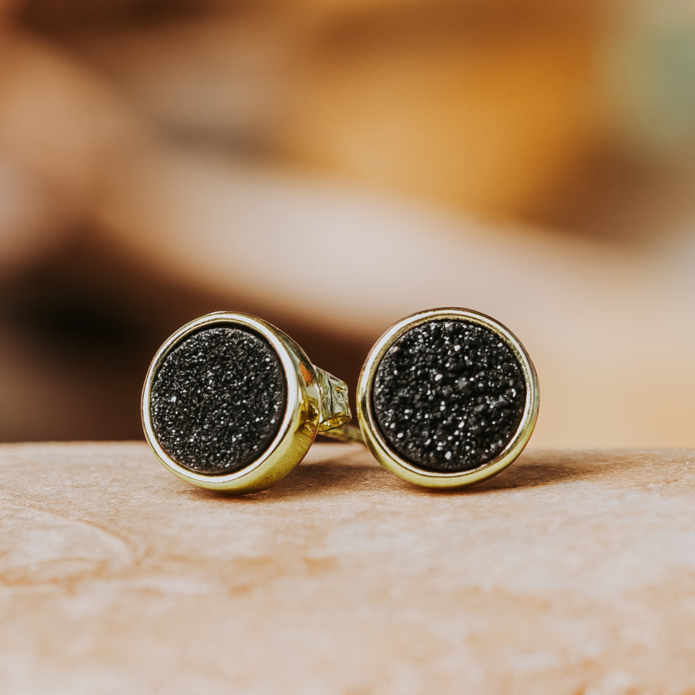 Geo Black Round Druzy Stud Women's Stone Earring