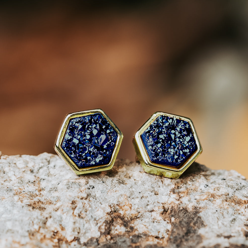 Geo Royal Blue Hex Druzy Earrings Women's Stone Earring