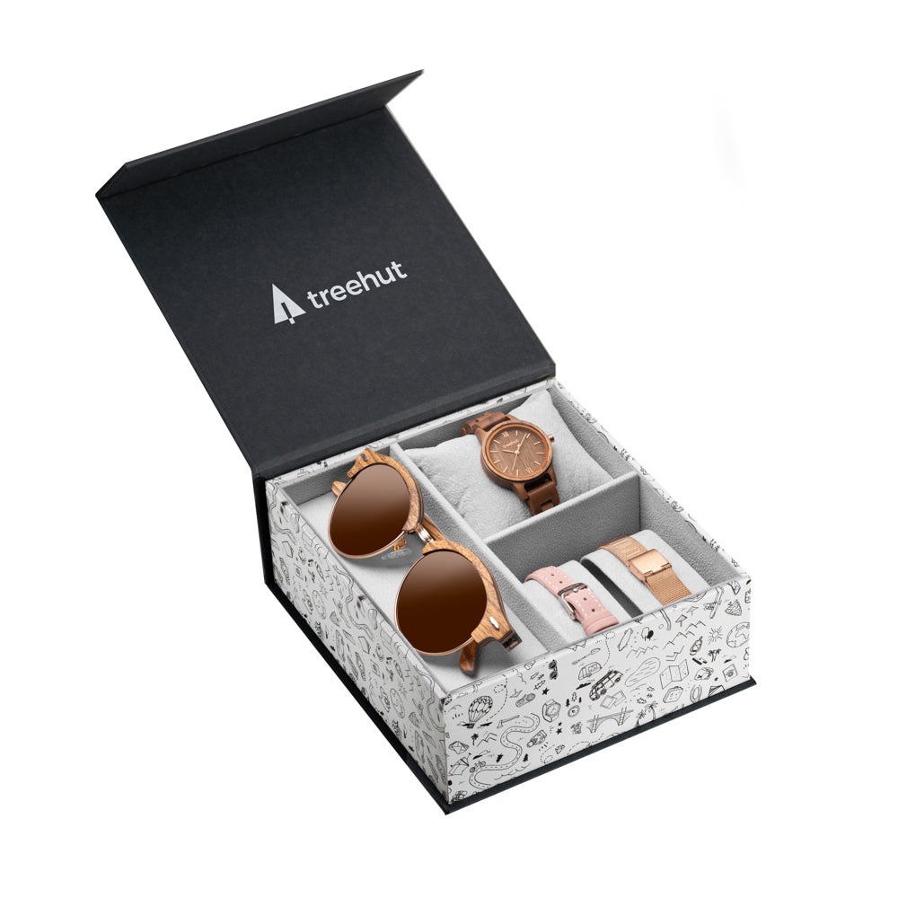 Brown and rose gold gift set with wood sunglasses, wood watch, rose gold mesh strap and pink leather strap