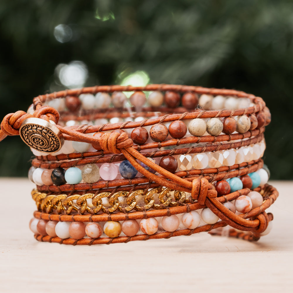 Pink Rhodonite Stone Wrap Bracelet
