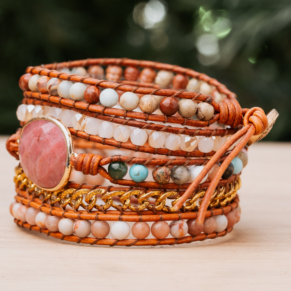 Pink Rhodonite Stone Wrap Bracelet