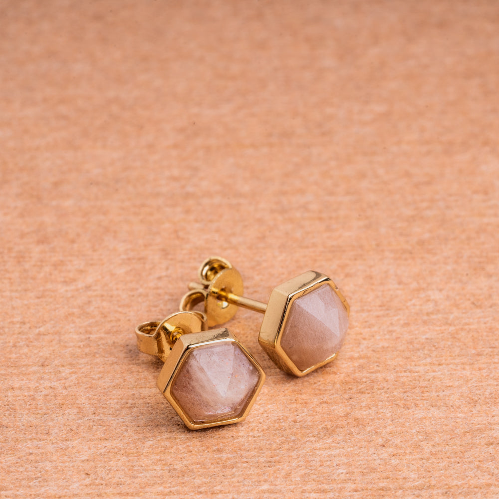 Hex Rose Quartz Stud Earrings Women's Stone Earrings